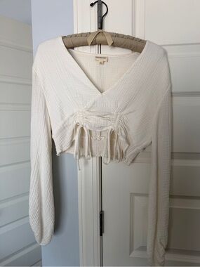 Madewell Cream Drawstring Cropped V-Neck Long Sleeve Top